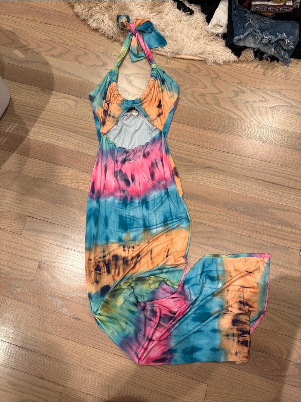 Tie-Dye Halter Maxi Dress - Pink, Blue & Orange